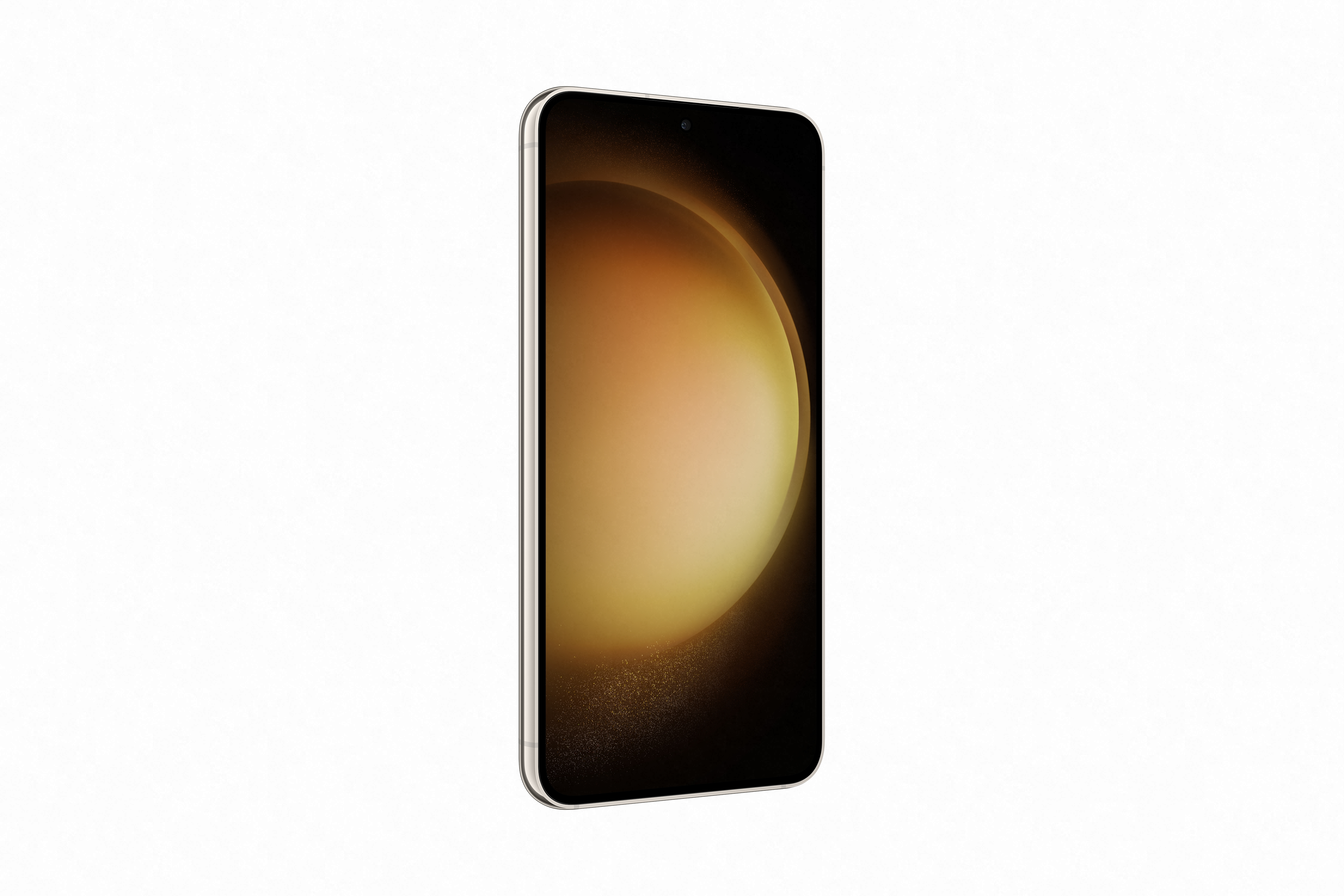 Siyah ekranlı altın bir akıllı telefon. Ekran açık ve telefonun yuvarlak kenarları var.