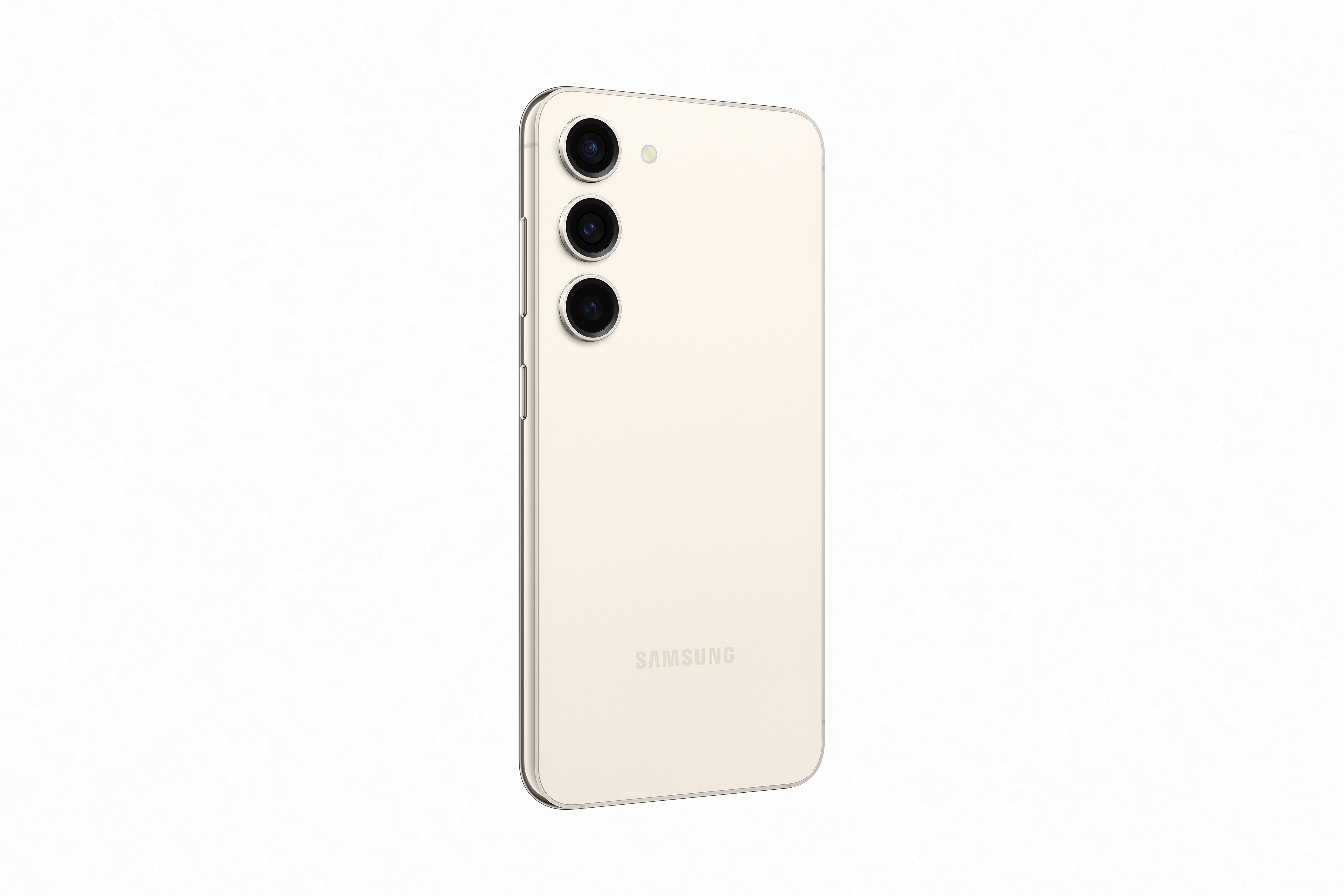 Krem renkli bir akıllı telefonun arka görünümü, üç kamera.