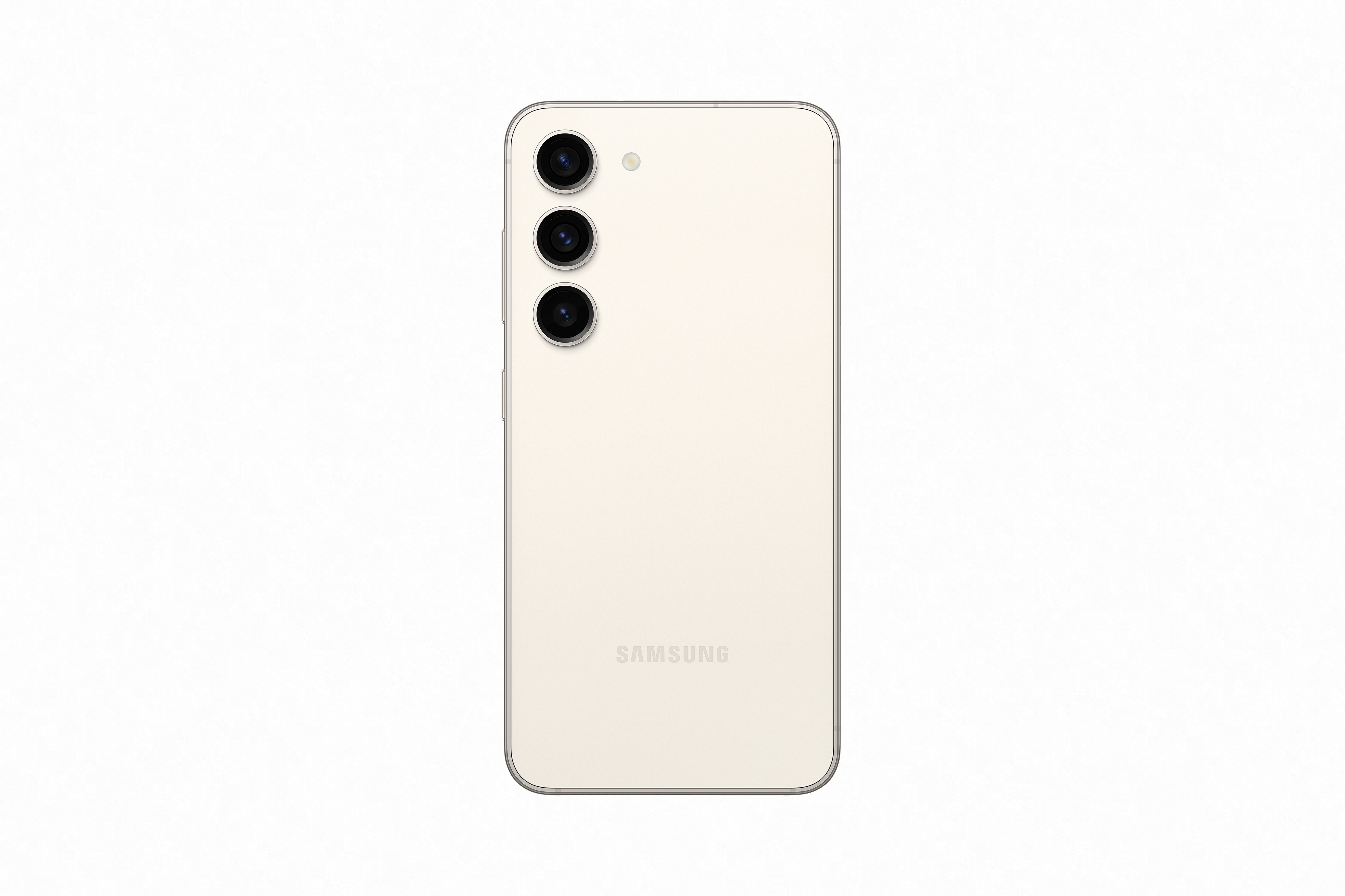 Krem rengi bir akıllı telefonun arkası. Üç dikey hizalı kamerası var. Marka adı altta.