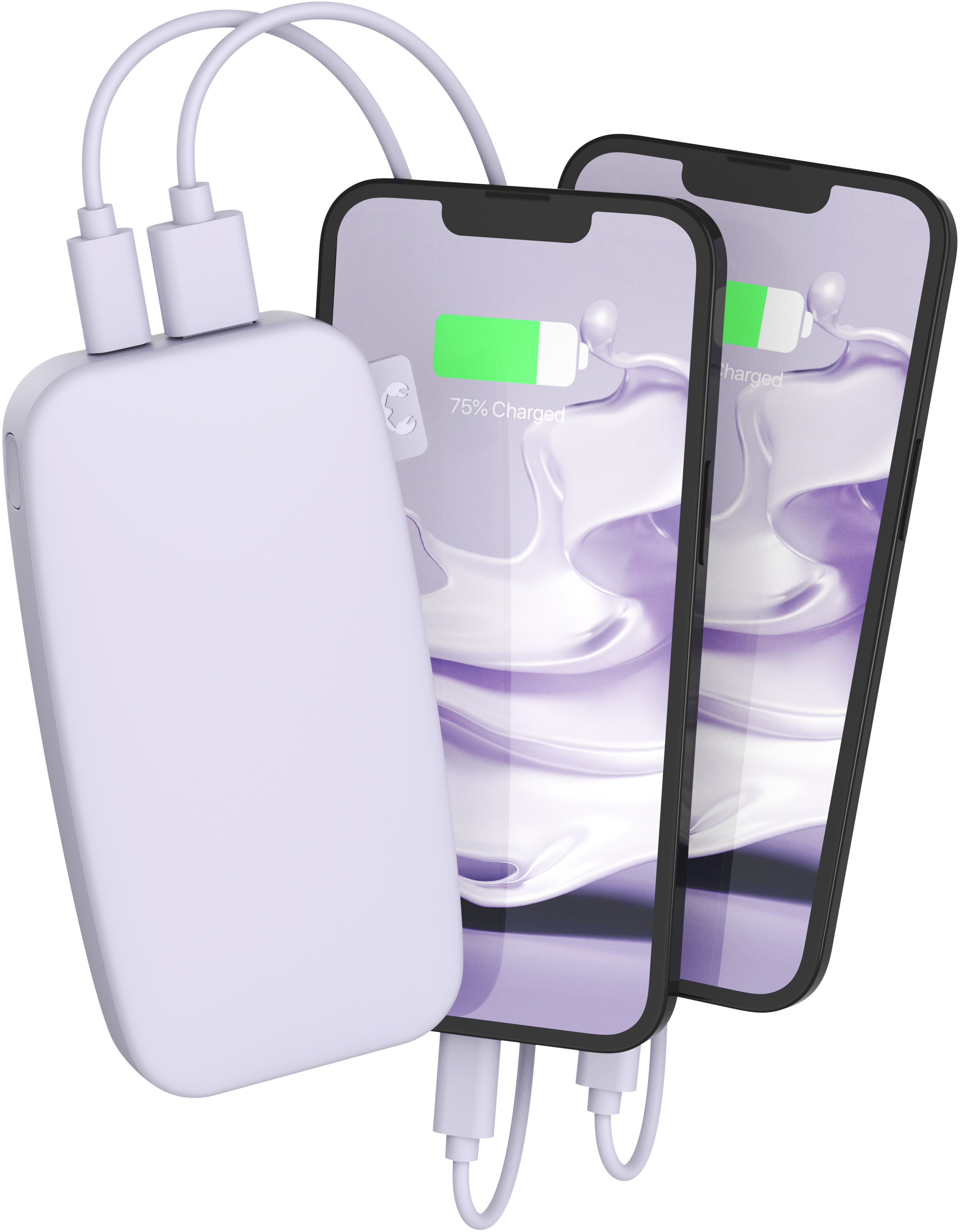 Weisse Powerbank lädt zwei Telefone. Telefone zeigen 75 % und 'geladen' an.