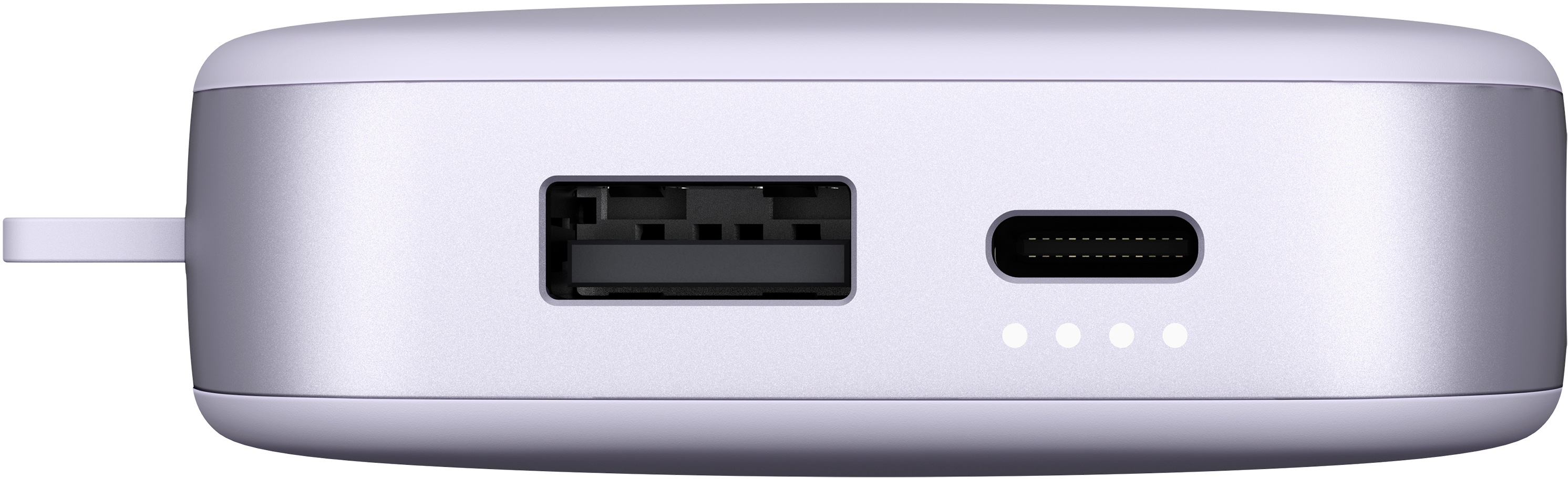 Eine silber-violette Powerbank mit USB-Anschluss, USB-C-Anschluss und vier weißen LED-Anzeigen.
