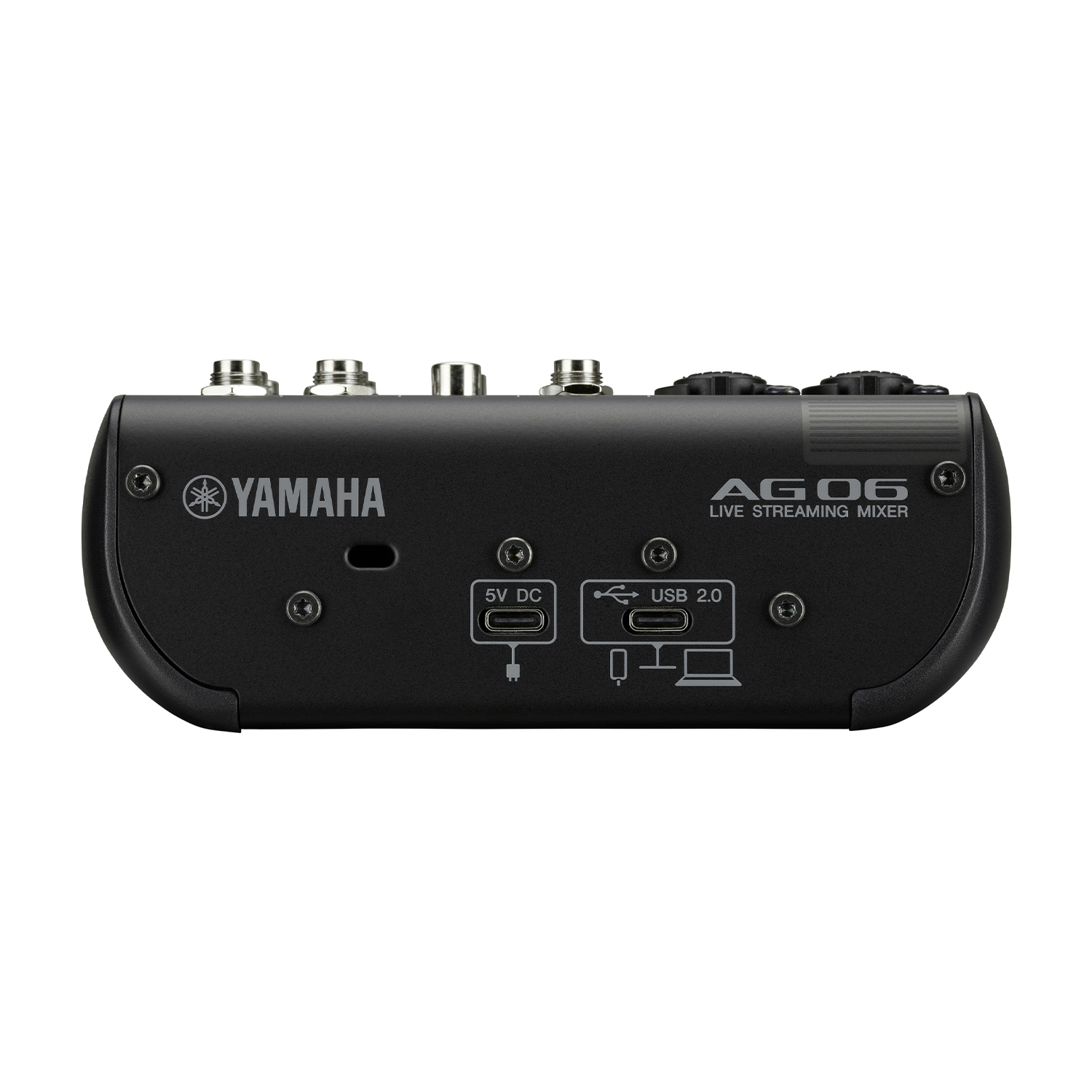 Mixer per streaming live Yamaha AG06 nero. Mostra porte e pulsanti.