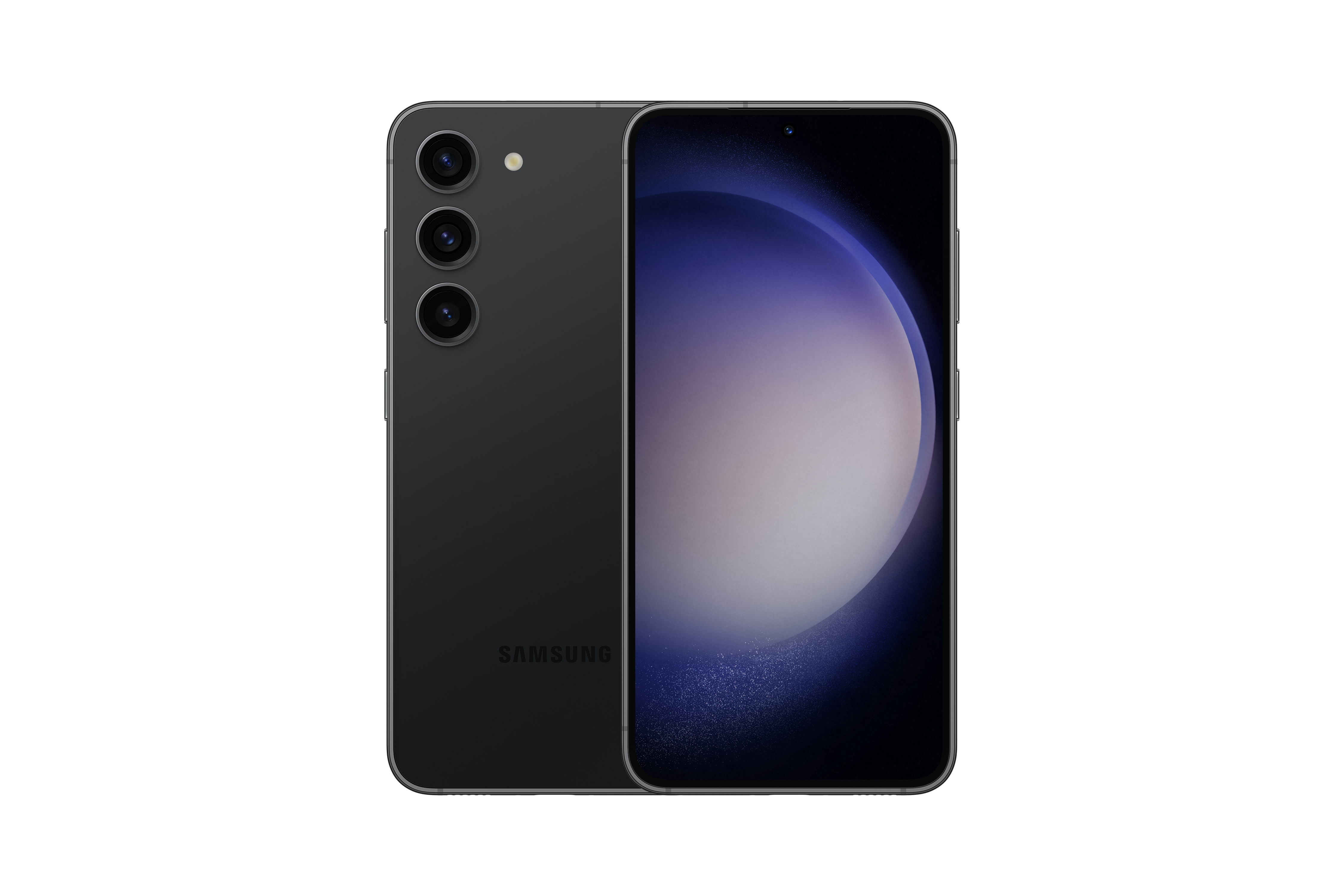 Siyah Samsung telefon, arka ve ön görünüm. Arkada üç kamera, önde siyah ekran.