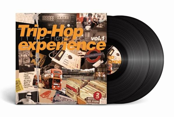 Trip-Hop Experience Vol. 1 Albumcover und schwarze Vinyl-Schallplatten.