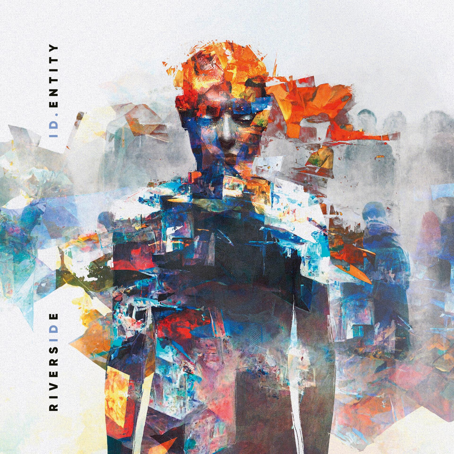 Portrait abstrait avec éclaboussures colorées, texte 'Riverside' et 'id.entity'.