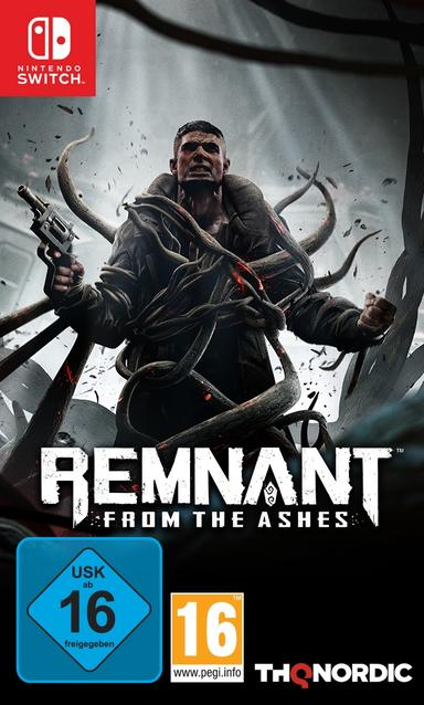 Remnant from the Ashes Spielcover, ein Mann mit einer Waffe, umgeben von Ranken.