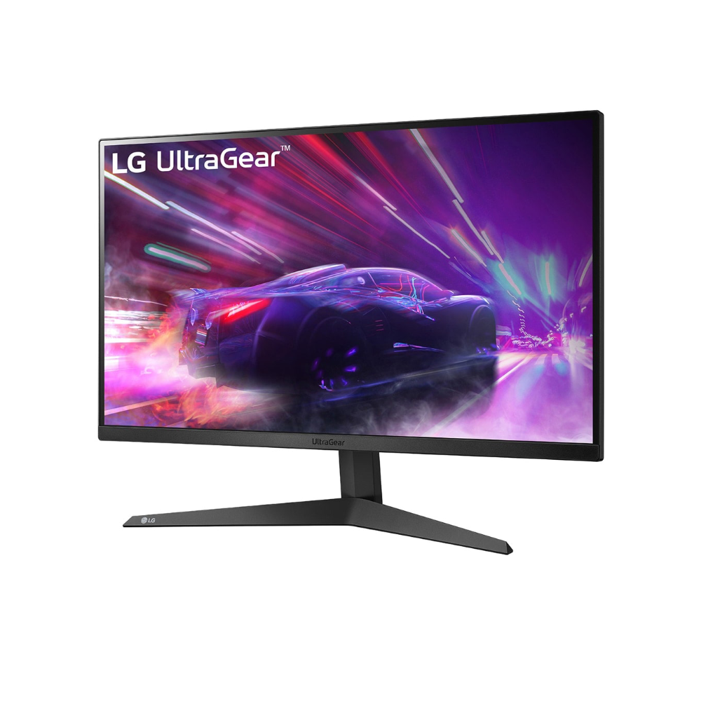 Ekranda canlı bir yarış oyunu sahnesi olan siyah LG UltraGear oyun monitörü.