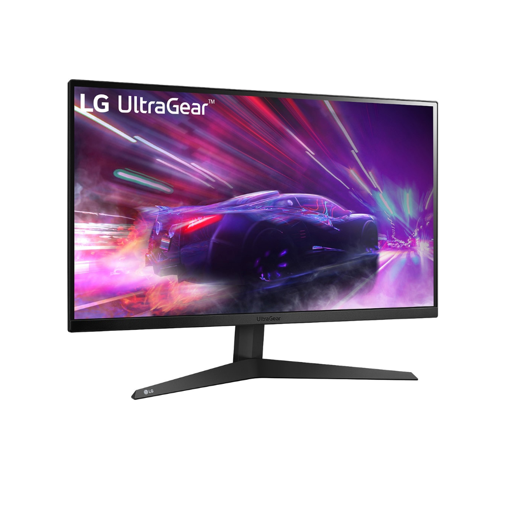 LG UltraGear monitör, siyah çerçeve, yarış arabası grafiği ve karanlık bir arka plan.