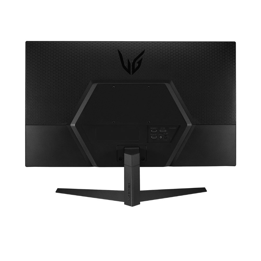 Siyah bilgisayar monitörünün arkası, bağlantı noktaları ve bir stand.