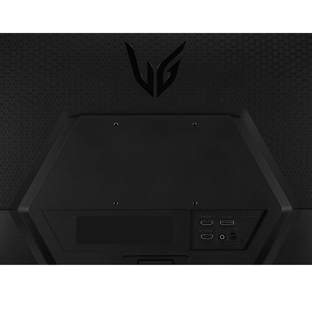 Bağlantı noktaları ve logo bulunan siyah monitör arkası. Yüzeyde altıgen desen.