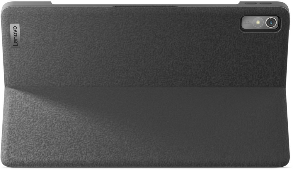 Grijze Lenovo-tablet met hoes. De hoes is open en de tablet ligt op een wit oppervlak.