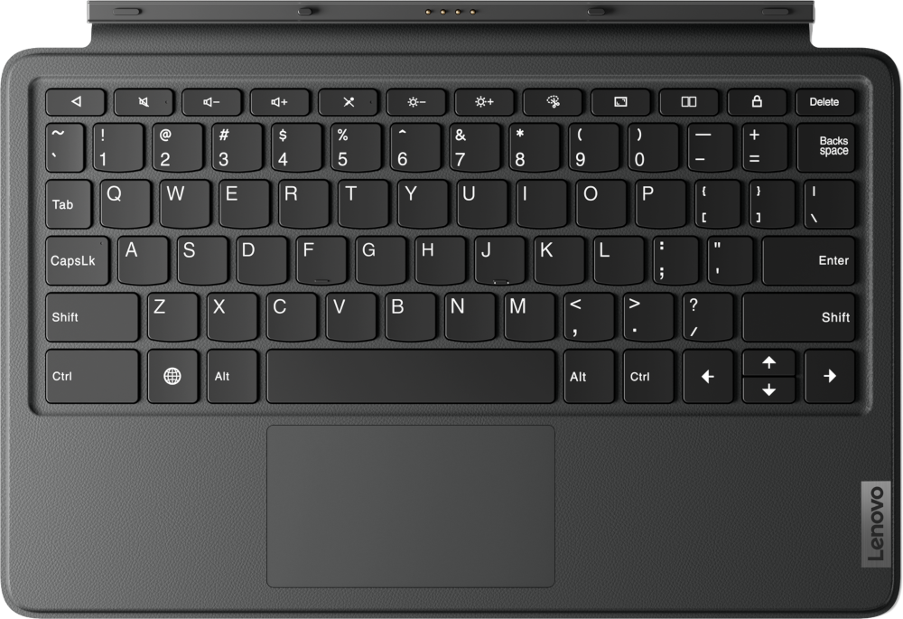 Bovenaanzicht van een zwart Lenovo-toetsenbord met touchpad en toetsen, op een grijs oppervlak.