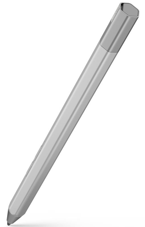 Un stylet long et argenté avec un bouton sur le côté, incliné vers le haut.