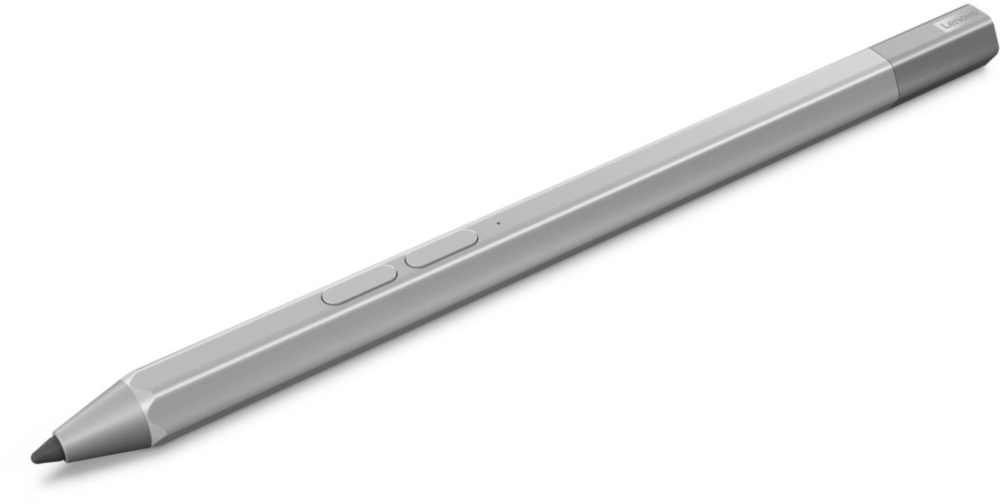 Stylo Lenovo argenté avec deux boutons sur le côté, vue en angle.