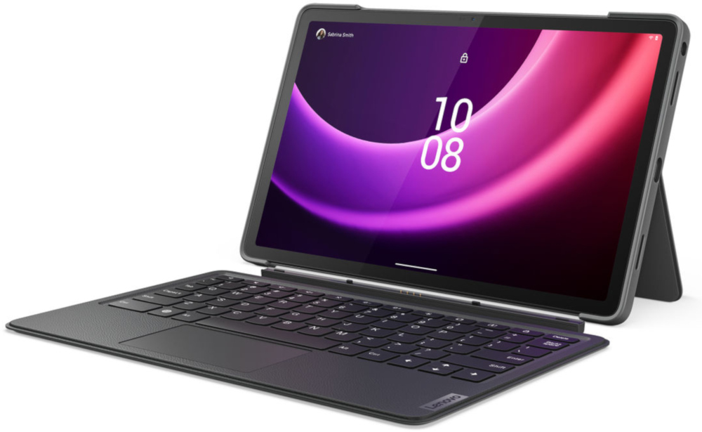 Een Lenovo tablet met een toetsenbordhoes. Het scherm toont een roze en paarse gradiënt.