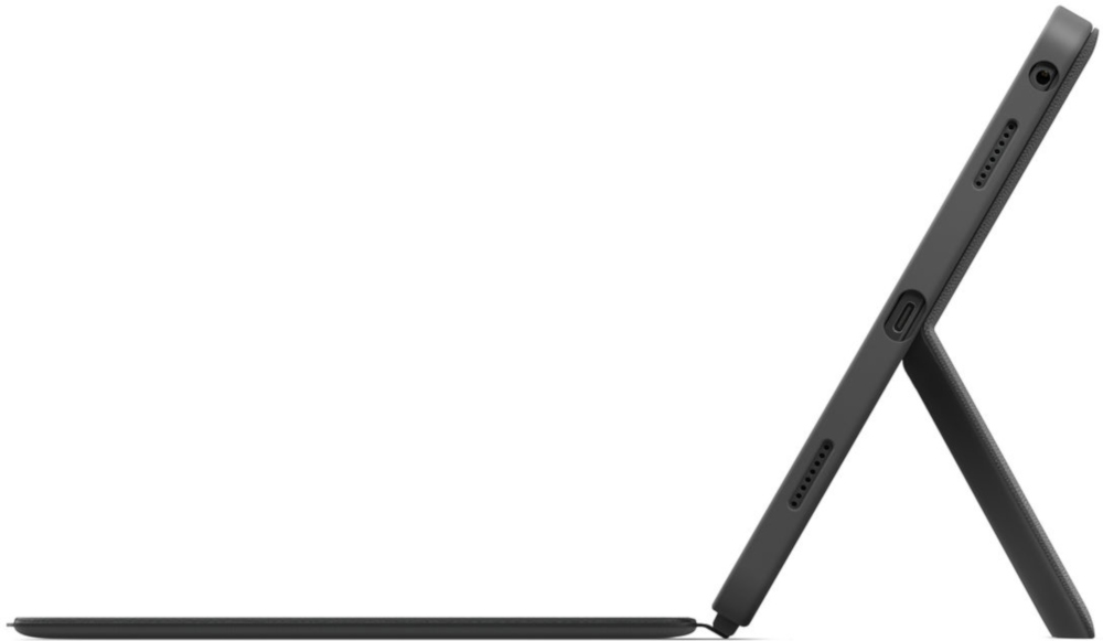 Zwarte tablet met een standaard. Het heeft een pen en een toetsenbord.