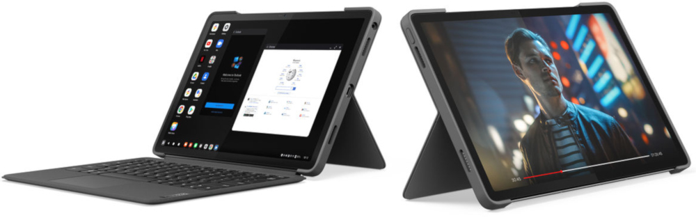 Twee tablets, één met een toetsenbord en een andere met een video, worden getoond.