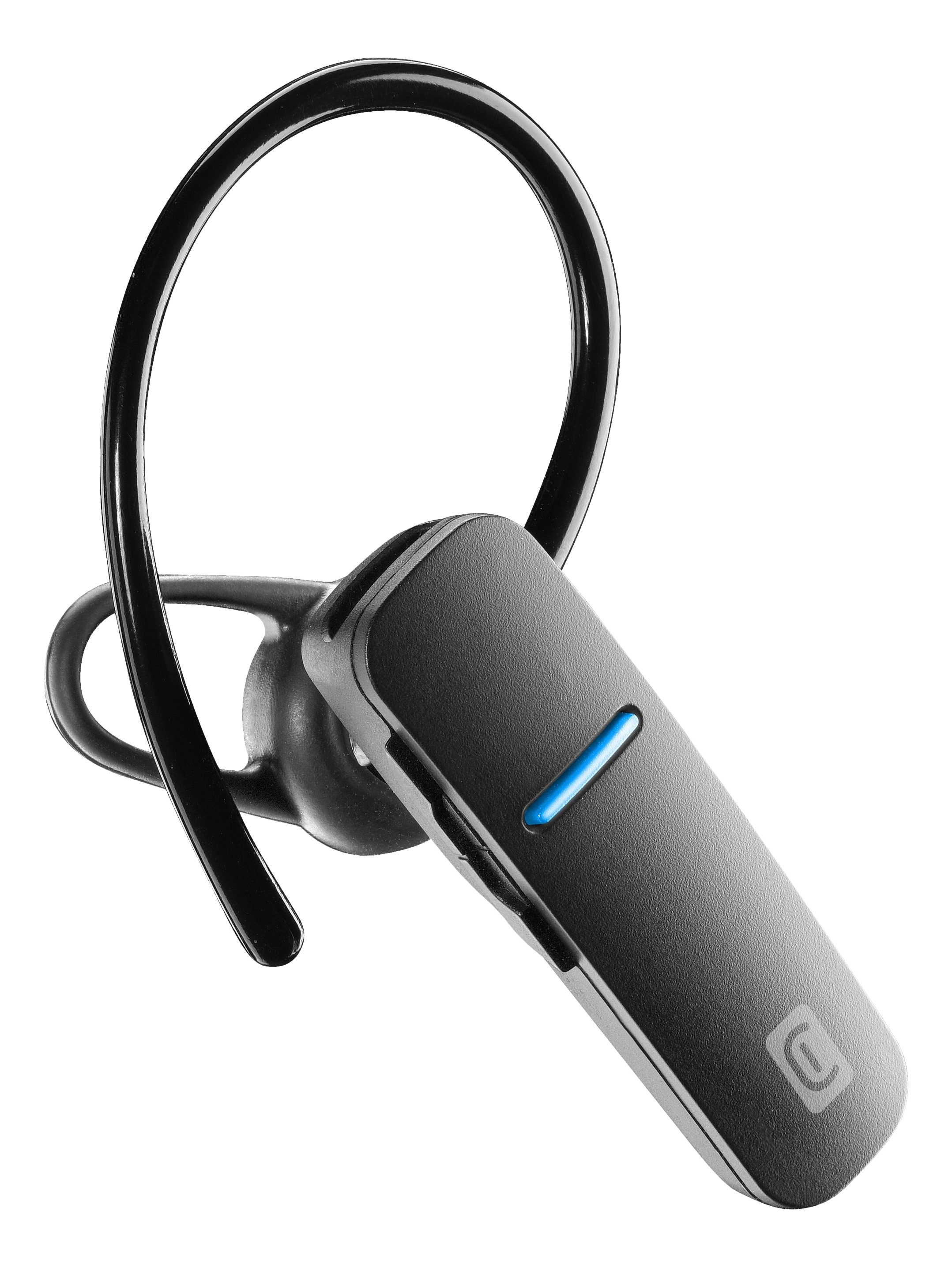 Schwarzes Bluetooth-Headset mit gebogenem Ohrhörer und blauem Licht an der Seite.