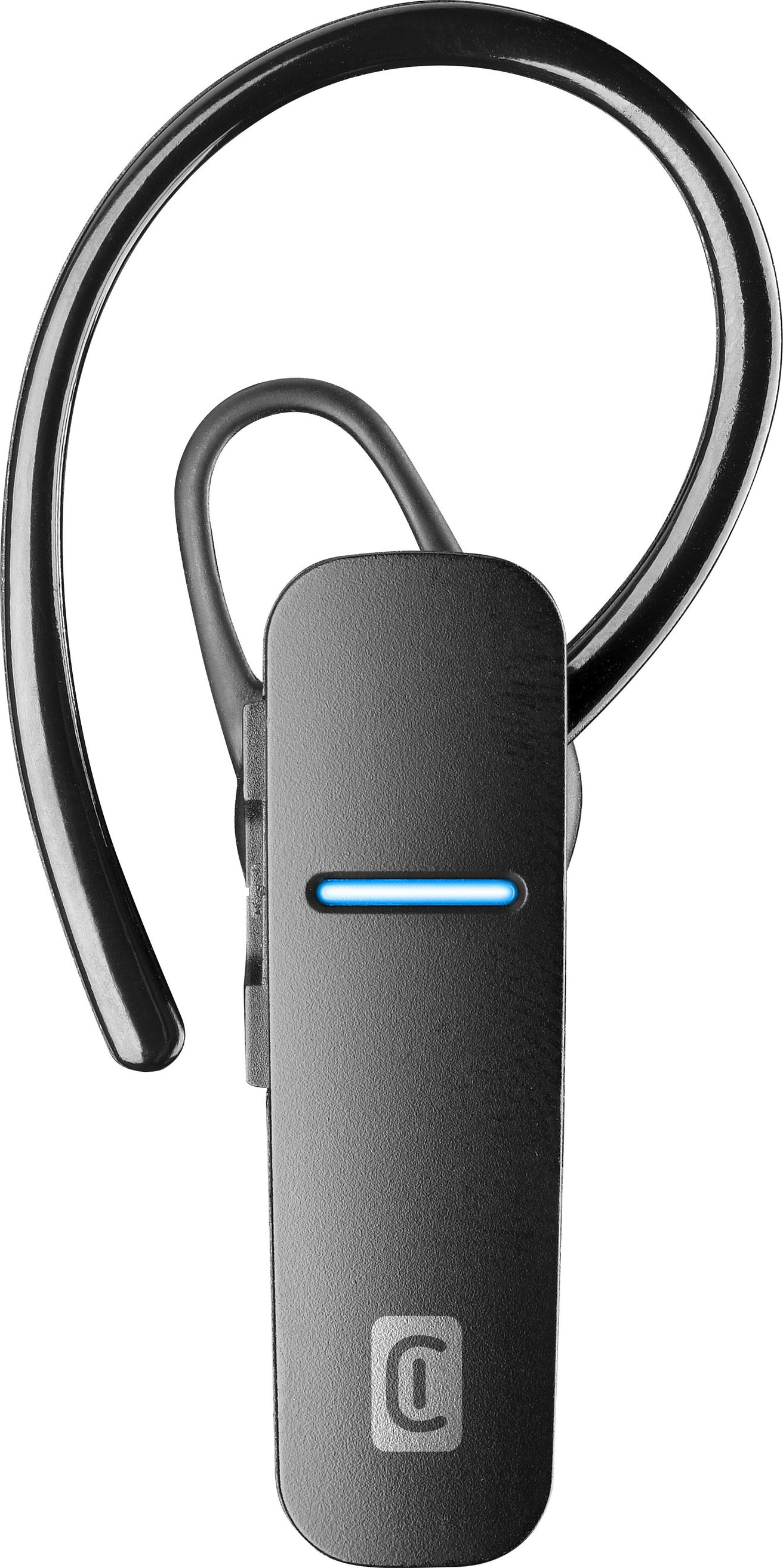 Schwarzes Bluetooth-Headset mit gebogenem Ohrbügel und Ladeanzeige.