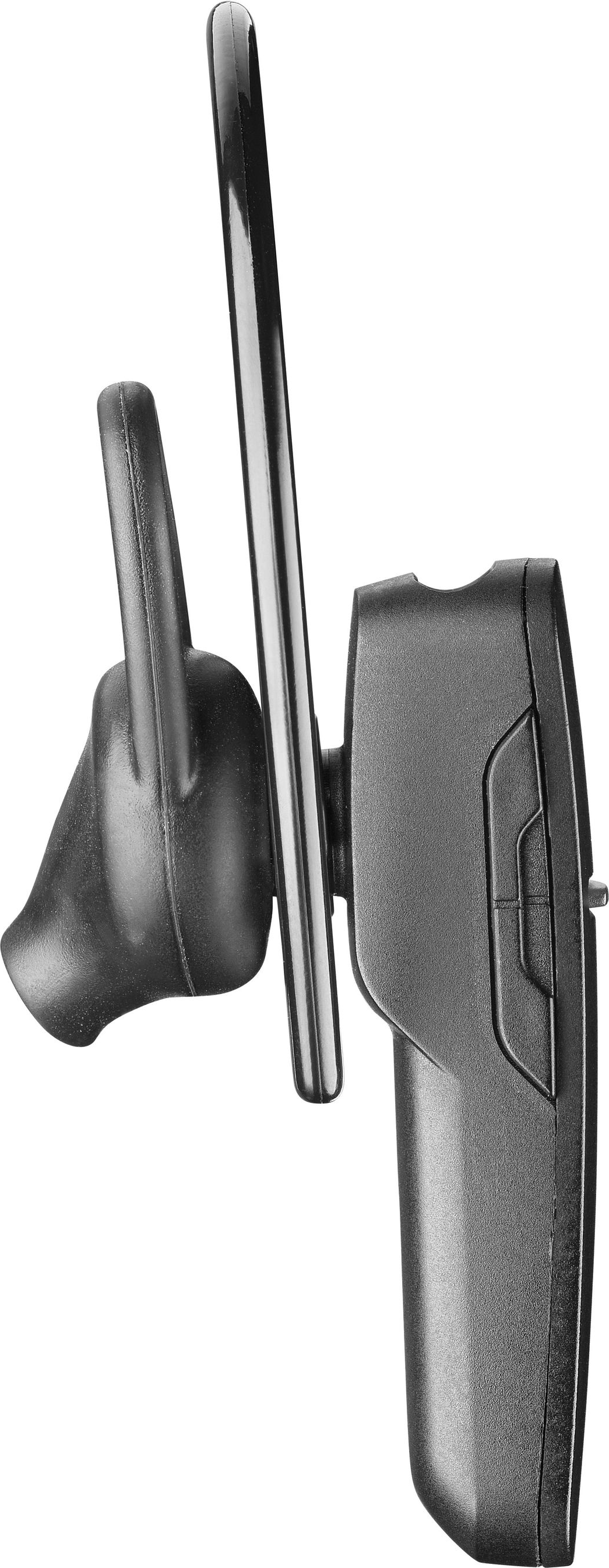 Schwarzes Bluetooth-Headset. Der Hintergrund ist weiß.