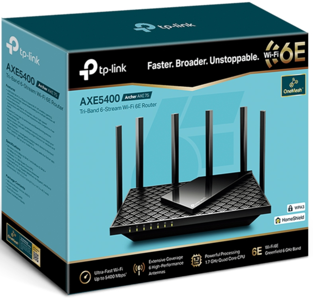 Routeur Tp-link Wi-Fi 6E dans une boîte. Affiche le routeur et ses fonctionnalités. Texte : Plus rapide.