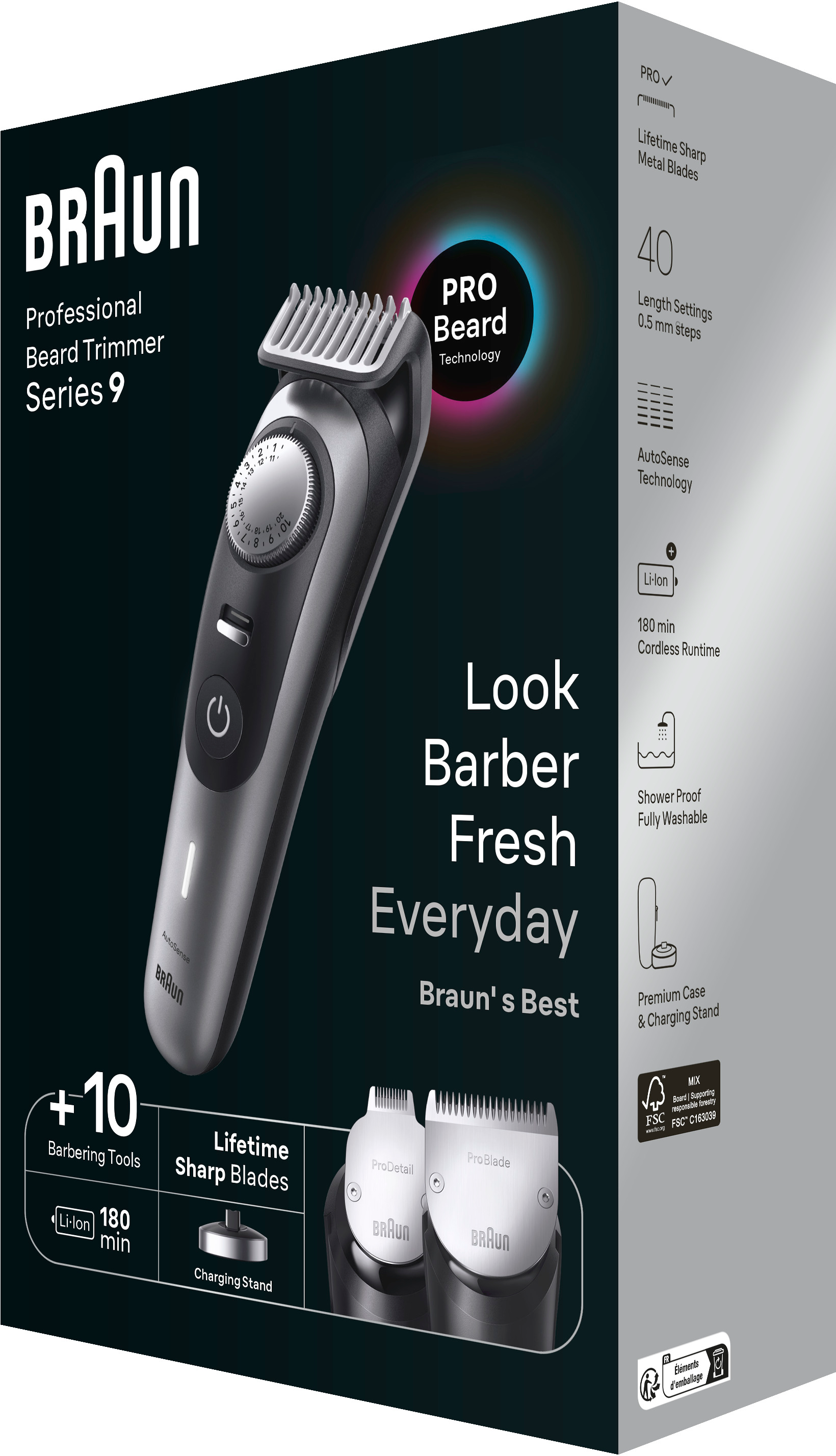 Braun Bartschneider-Box mit Trimmer, Klingen und aufgelisteten Funktionen.