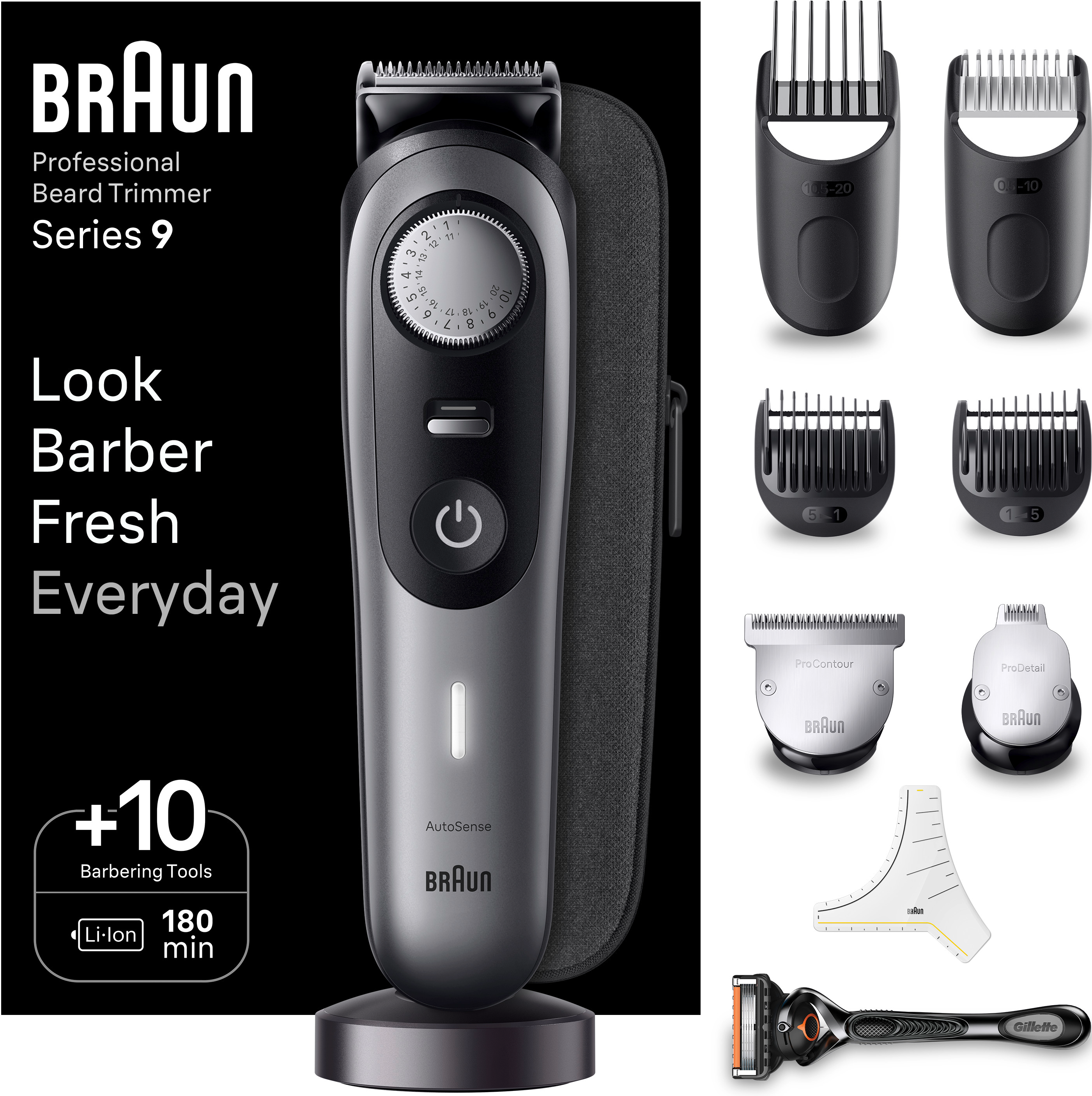 Braun Series 9 Barttrimmer mit Zubehör. Text: Look Barber Fresh Everyday. +10 Barbering Tools.