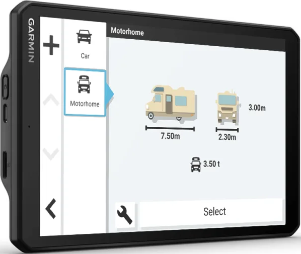 Garmin-Navigationsgerät zeigt Fahrzeugtypen: Wohnmobil mit Maßen 7,50m, 3,00m, 2,30m und 3,50t.