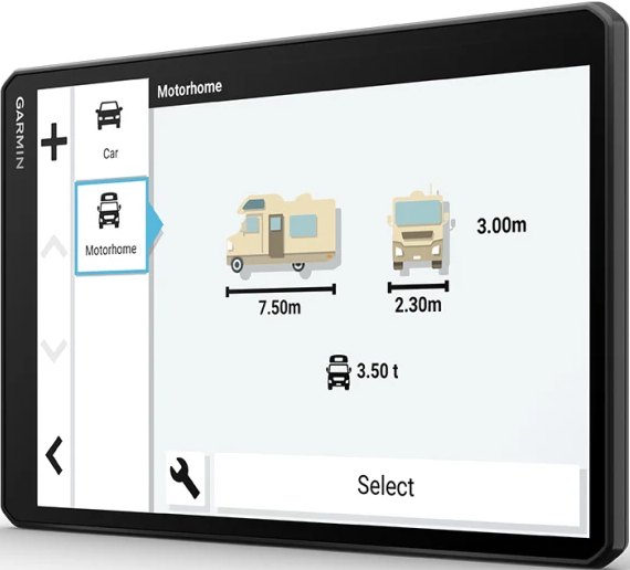 Garmin-Display zeigt Fahrzeugauswahl: Wohnmobil (7,50m L, 3,00m H, 2,30m B, 3,50t).