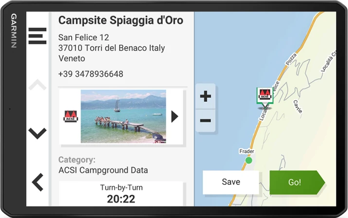 Garmin-Navigationssystem zeigt eine Campingplatz-Detailseite mit Bild und Karte.