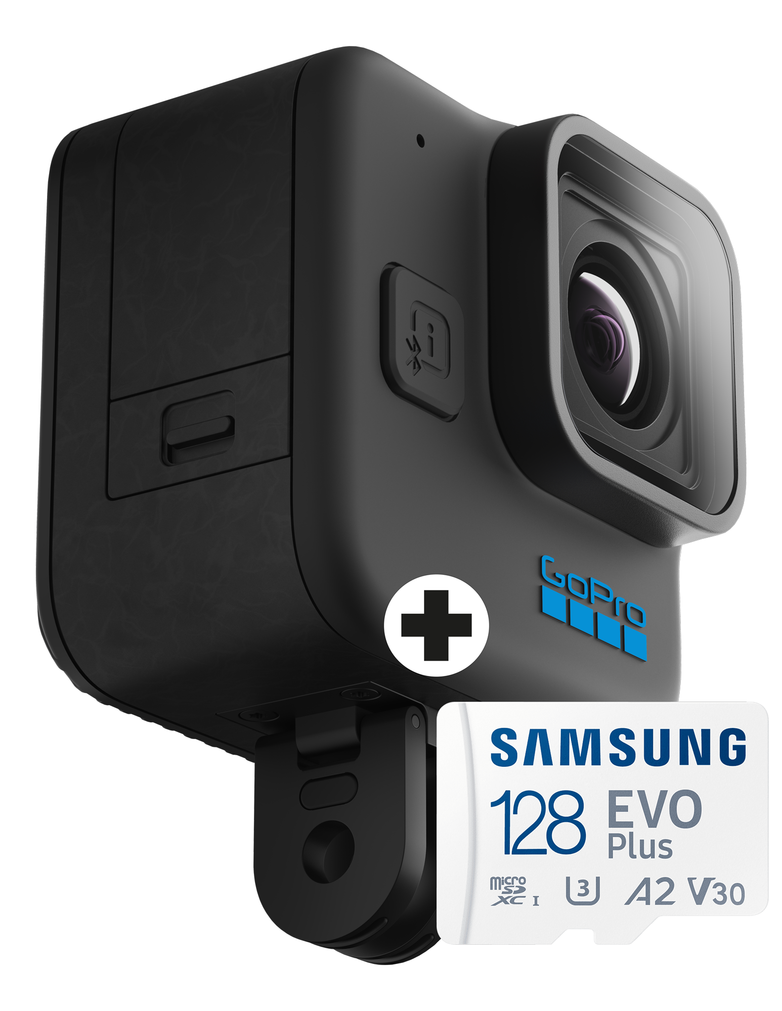 GoPro-Kamera mit einer angeschlossenen Samsung 128 GB MicroSD-Karte. Die Kamera ist schwarz mit blauem GoPro-Logo.