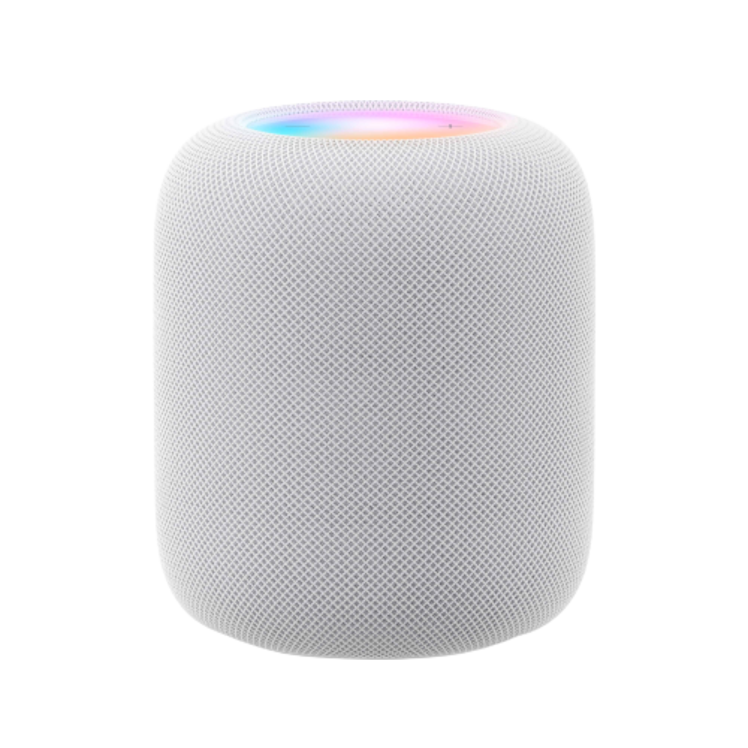 Altavoz Apple HomePod blanco. Tiene forma cilíndrica. La parte superior tiene una luz que cambia de color.