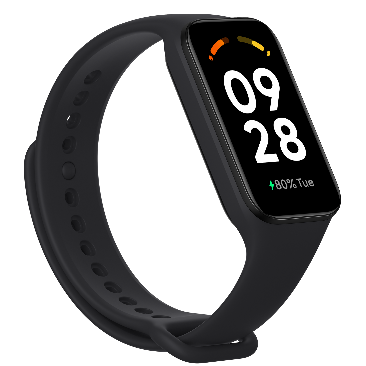 Un reloj inteligente negro con una pantalla que muestra la fecha, hora y porcentaje de batería.