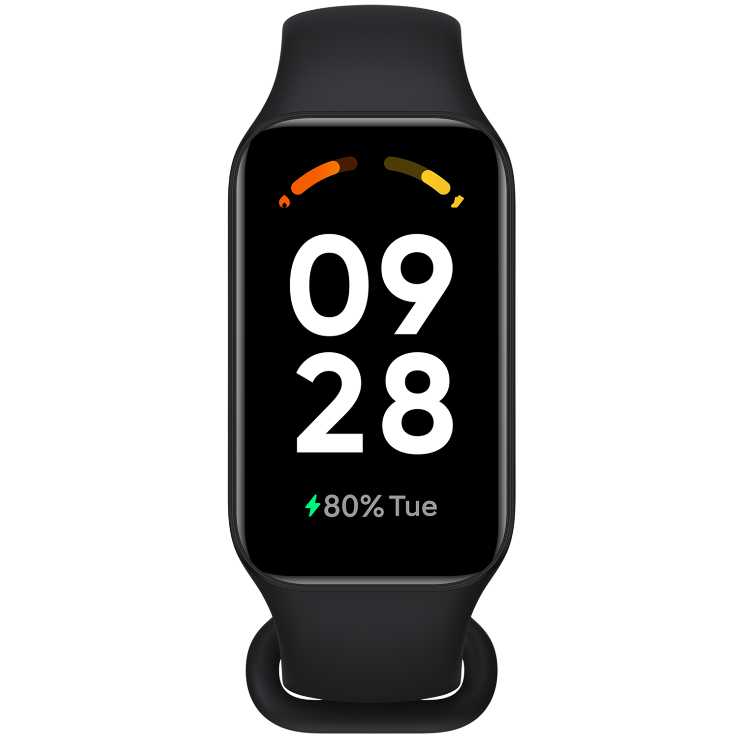 Smartwatch negra mostrando la fecha y hora: 09:28, 80% batería. Fondo negro.