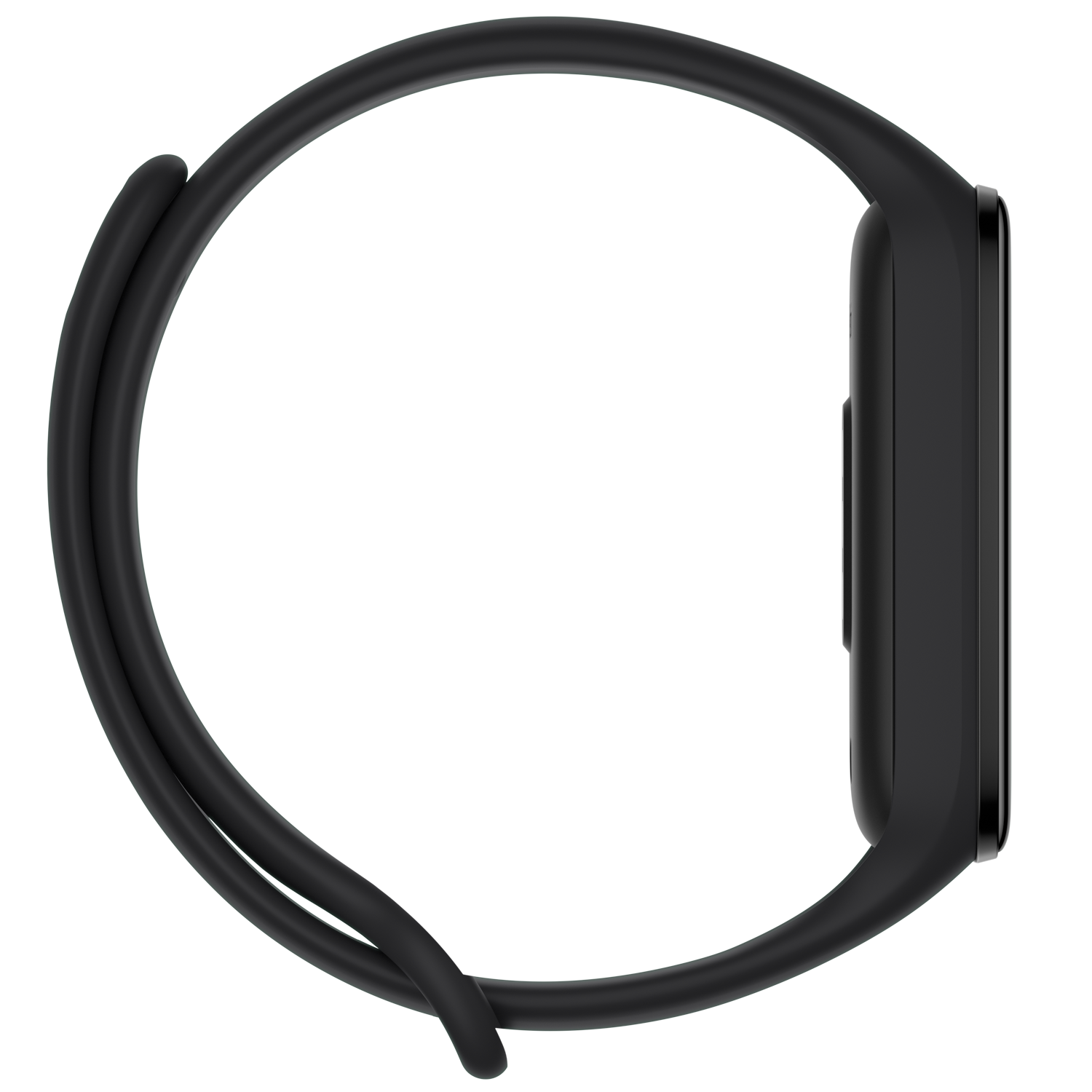 Smartwatch negra en vista de perfil, mostrando la correa curva y pantalla negra.