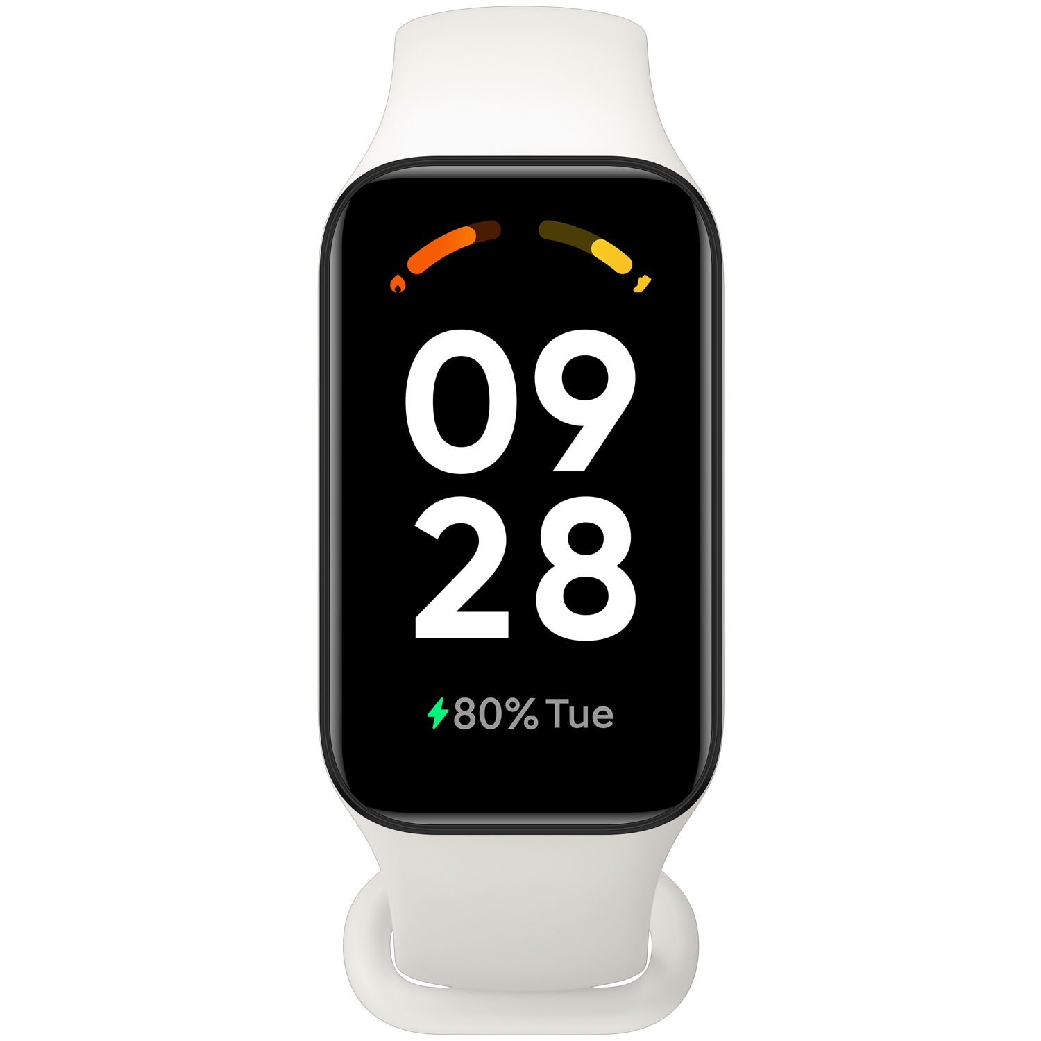 Reloj inteligente blanco con pantalla negra que muestra la hora y la batería.