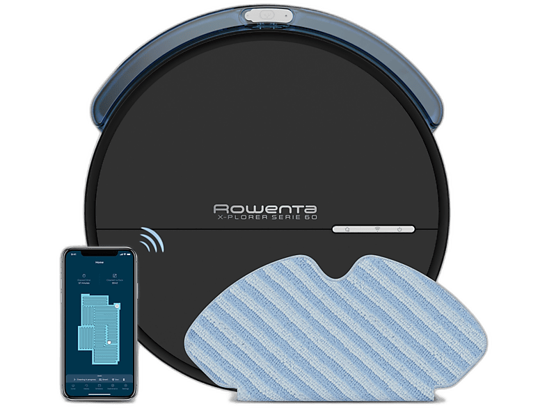 REACONDICIONADO Seminuevo Bueno Robot aspirador - Rowenta RR7455WH, Aspira y friega a la vez, 550 W, 0.4 l, Autonomía 90 min, 65 dB, Wi-Fi, Negro