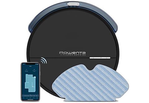 Robot aspirador - Rowenta RR7455WH, Aspira y friega a la vez, 550 W,  0.4 l, Autonomía 90 min, 65 dB, Wi-Fi, Negro
