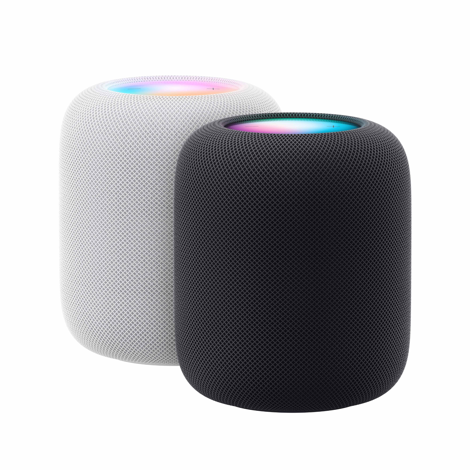 Dos Apple HomePods, uno blanco y otro negro, con la parte superior iluminada.