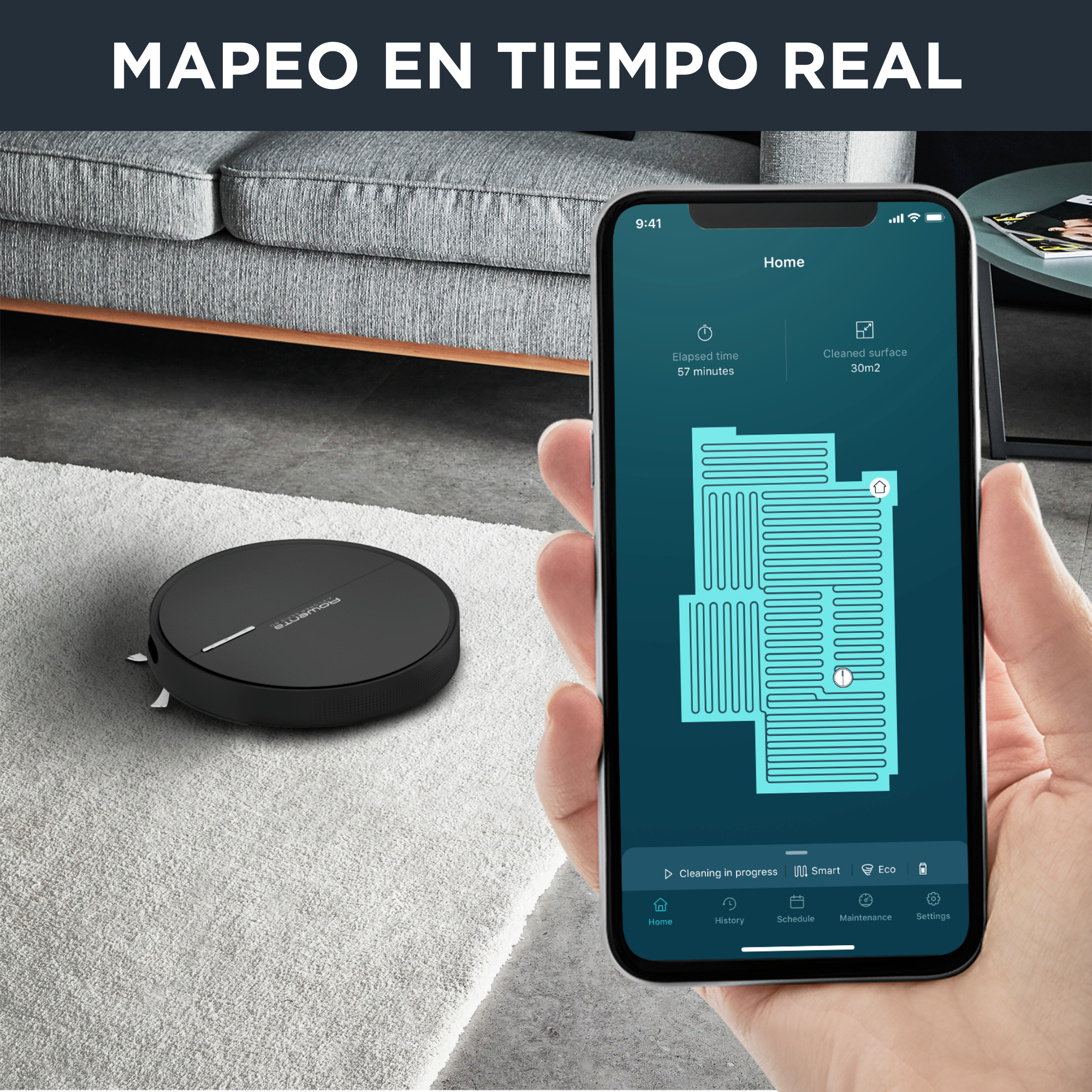 Robot aspirador - Rowenta RR7455WH, Aspira y friega a la vez, 550 W,  0.4 l, Autonomía 90 min, 65 dB, Wi-Fi, Negro