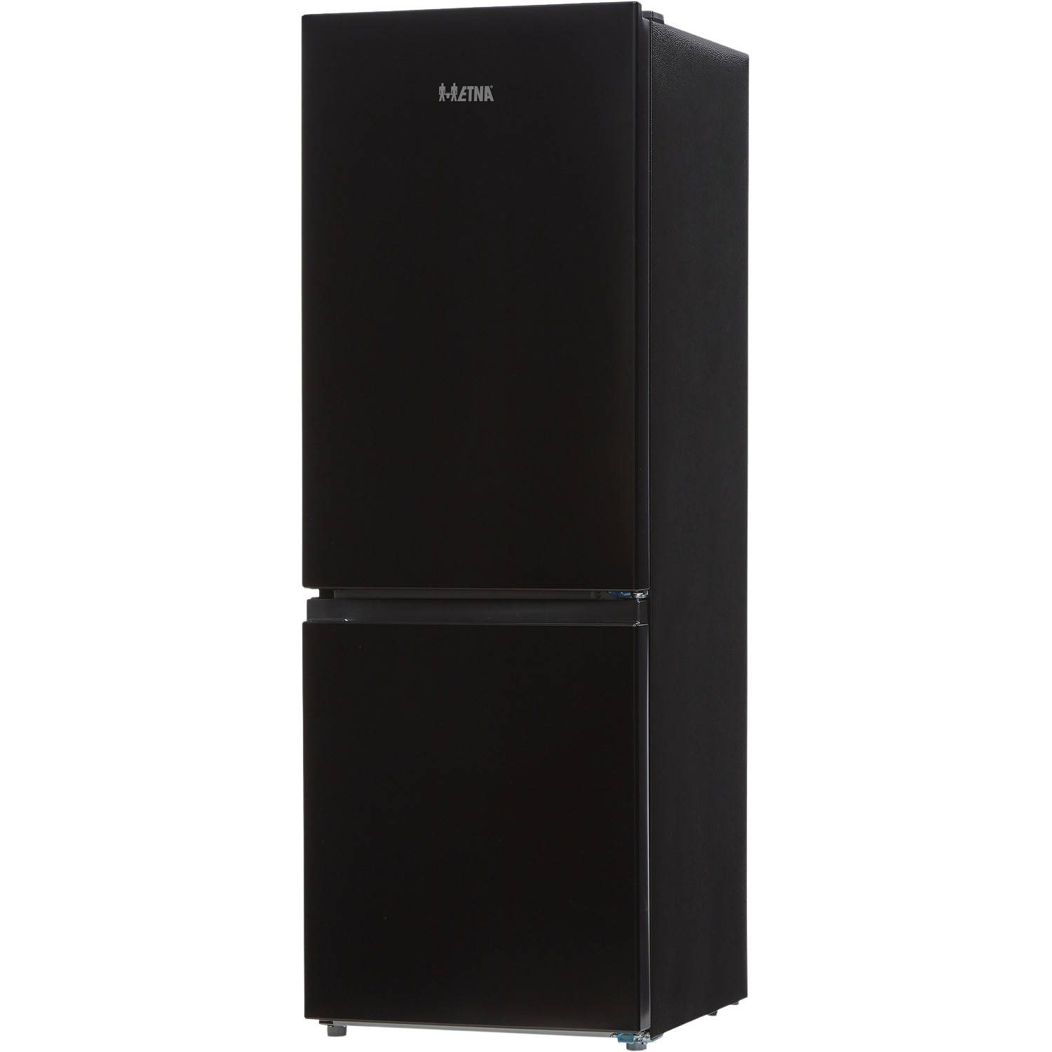 A black refrigerator stands against a black background, showcasing its design.