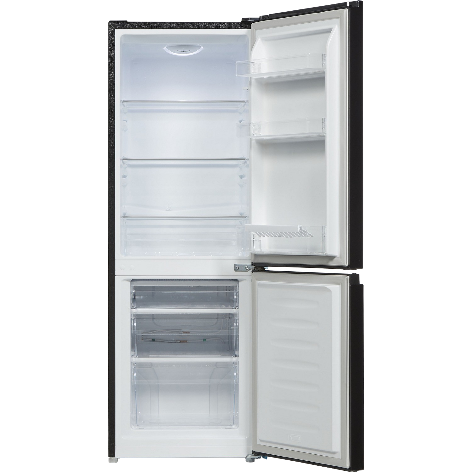 Refrigerator with open doors, showing shelves, drawers, and interior lights.