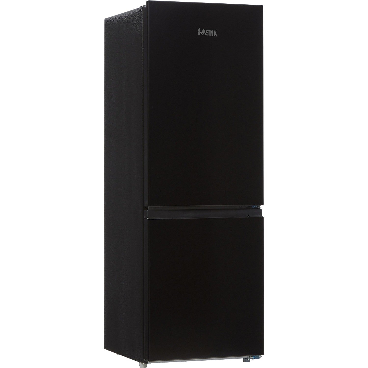 A black Aetna refrigerator with two doors against a black background.