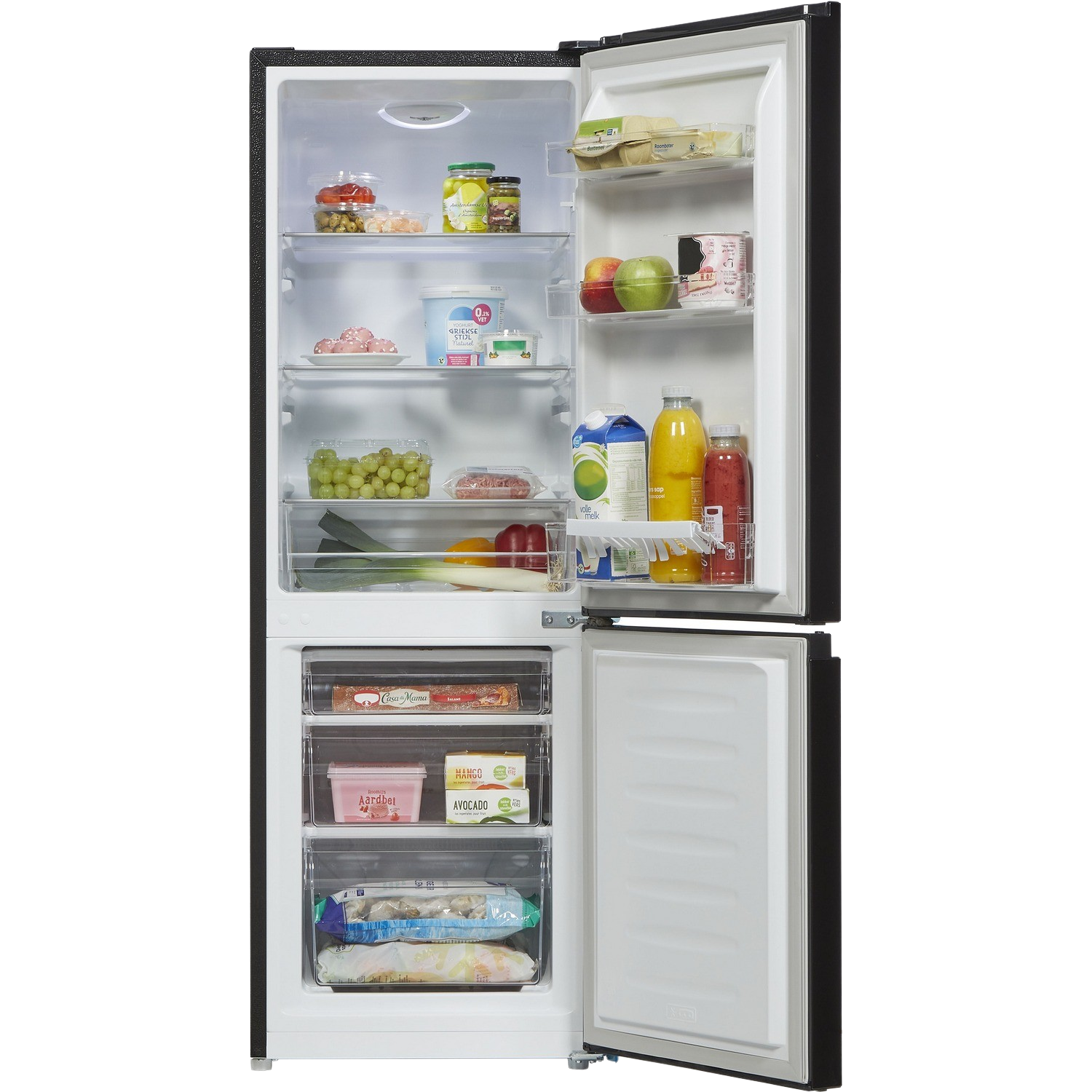 Refrigerator interior: Food and drinks on shelves. The door is open. The background is white.