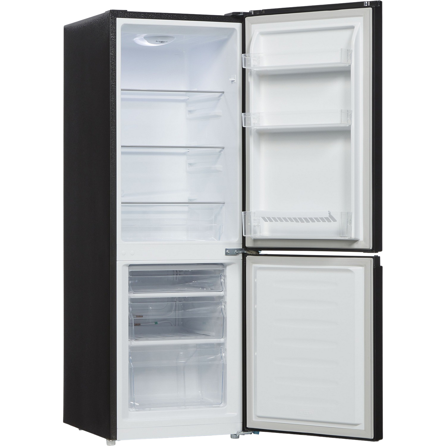 A black refrigerator with the door open. Inside, there are shelves and drawers for food storage.