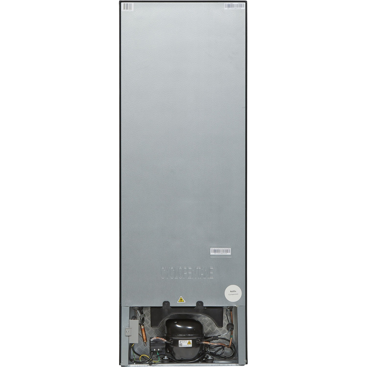 Back of a silver refrigerator with components visible at the bottom.