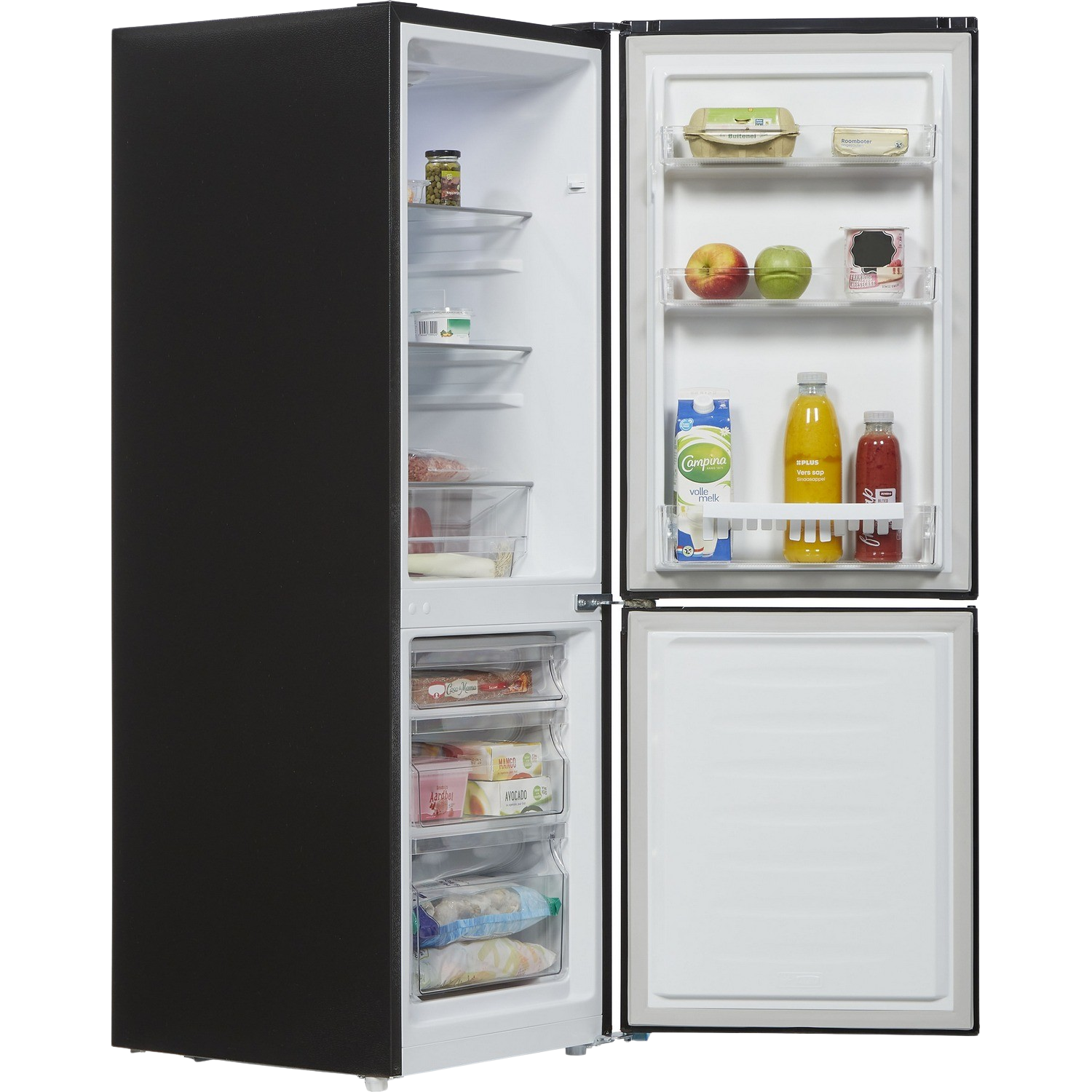 A black refrigerator with opened doors, revealing shelves with food and drinks inside.
