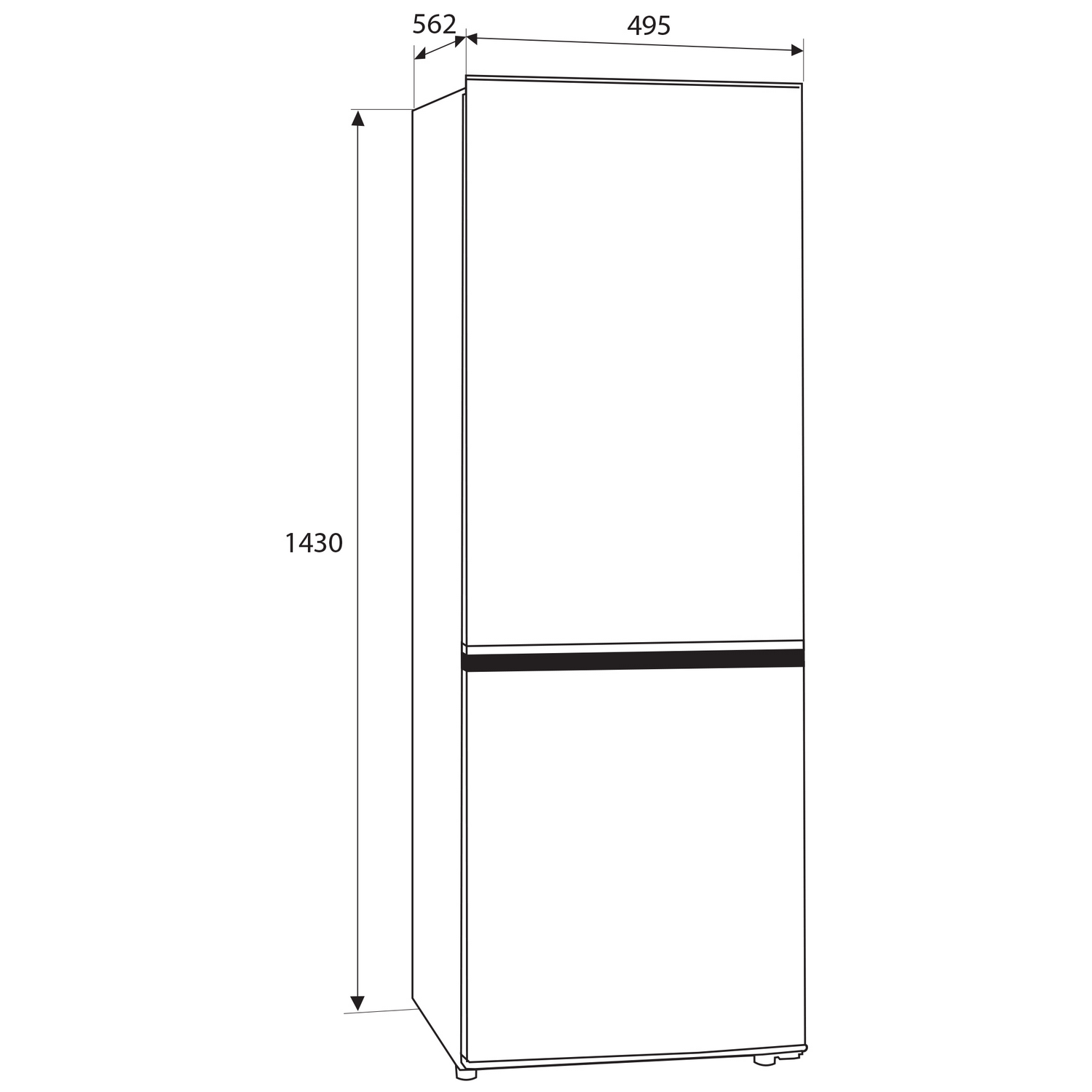 A white refrigerator with dimensions indicated. It has two doors and a freezer drawer at the bottom.