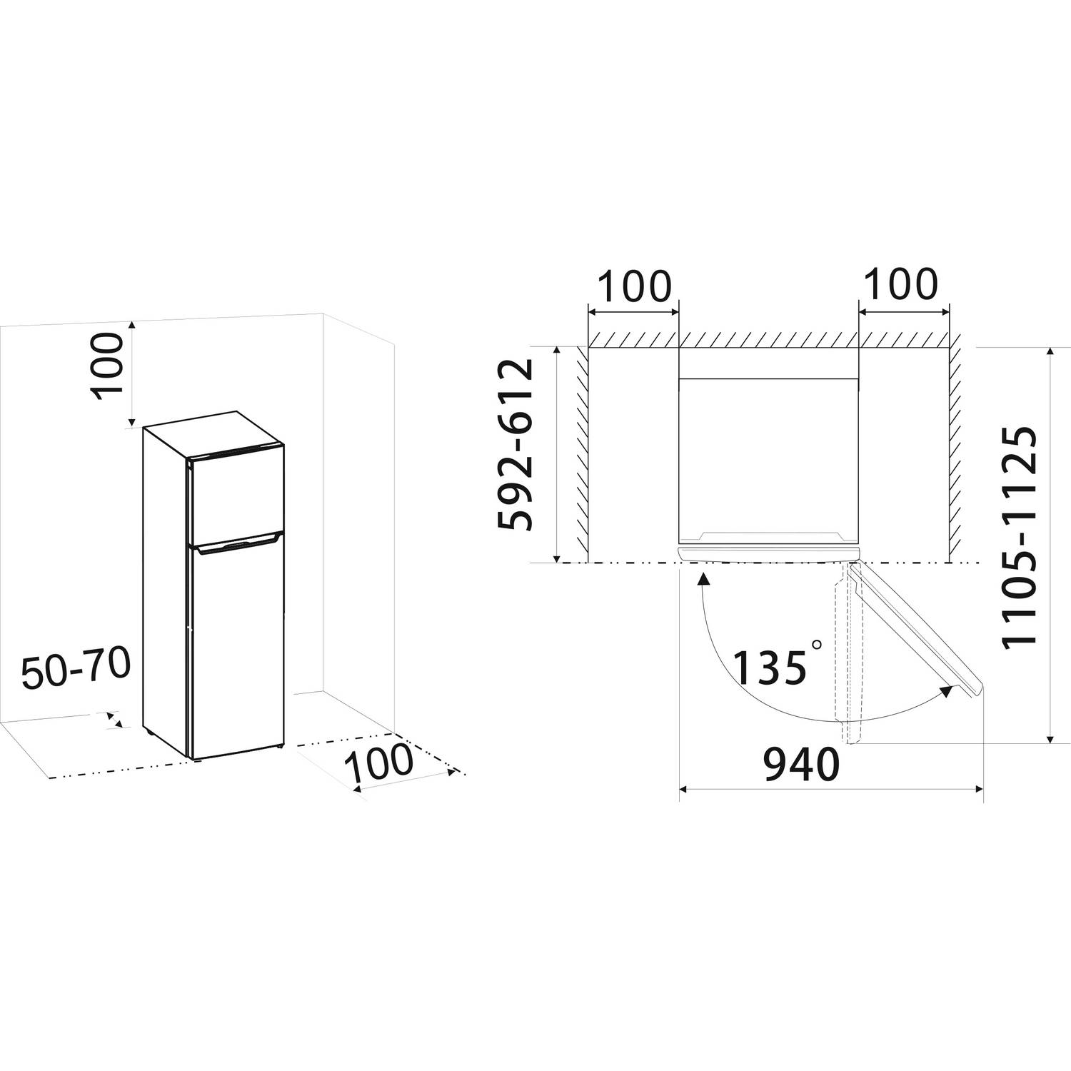 Technische tekening van een koelkast. Toont afmetingen in millimeters. Isometrisch aanzicht van de koelkast.