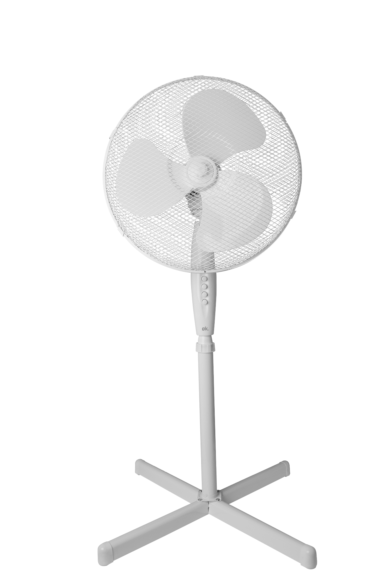 Weißer Standventilator. Er hat eine Gitterfront und drei Flügel. Der Sockel ist X-förmig.